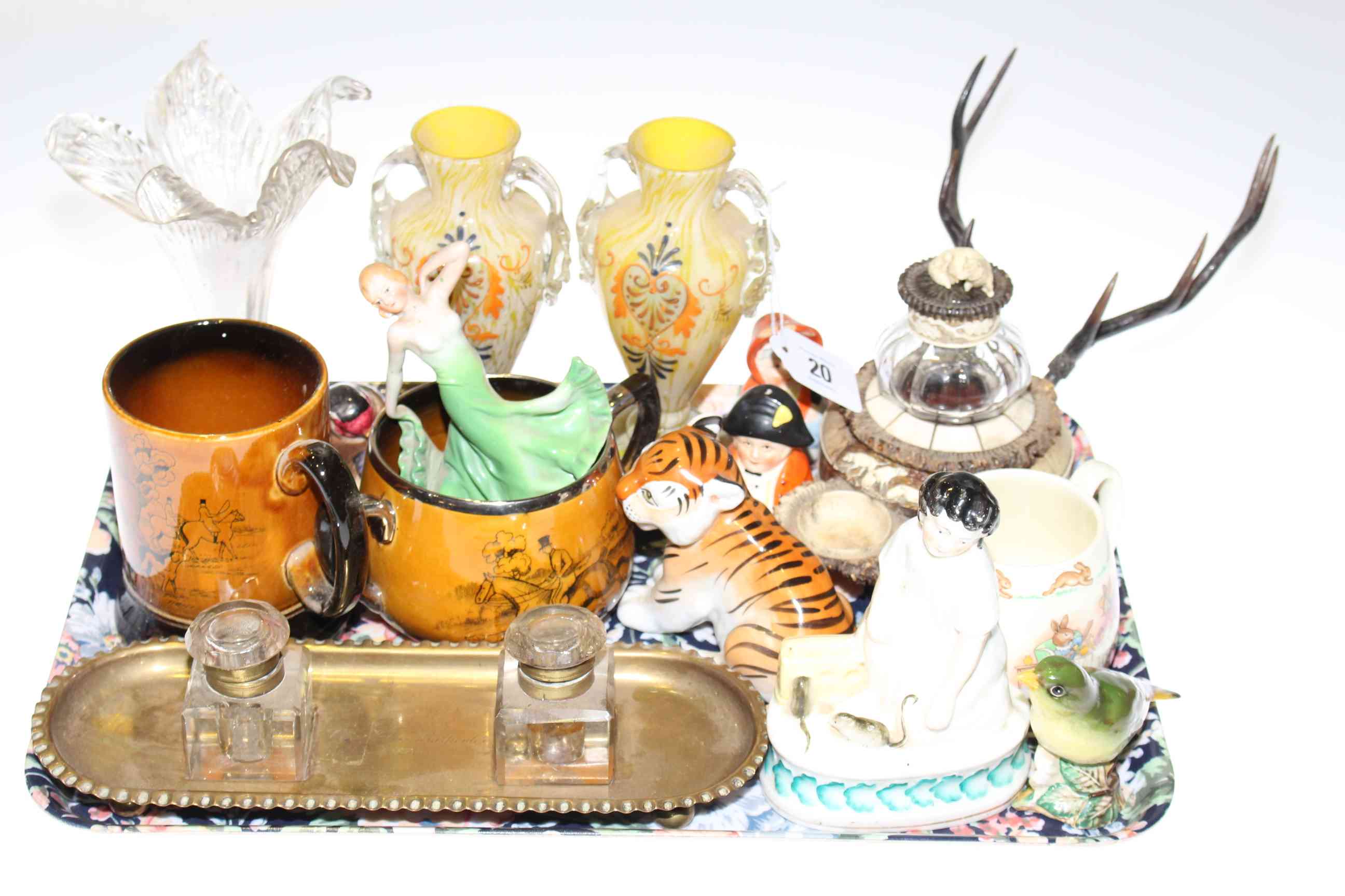 Two desk stands, pair of glass vases, Russian tiger, figures, Beswick goldfinch,