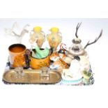 Two desk stands, pair of glass vases, Russian tiger, figures, Beswick goldfinch,