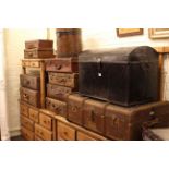 Enamel flour bin and collection of ten vintage trunks and cases