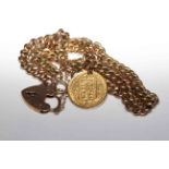 9 carat gold bracelet with Victoria Jubilee head half sovereign 1887, gross 38.