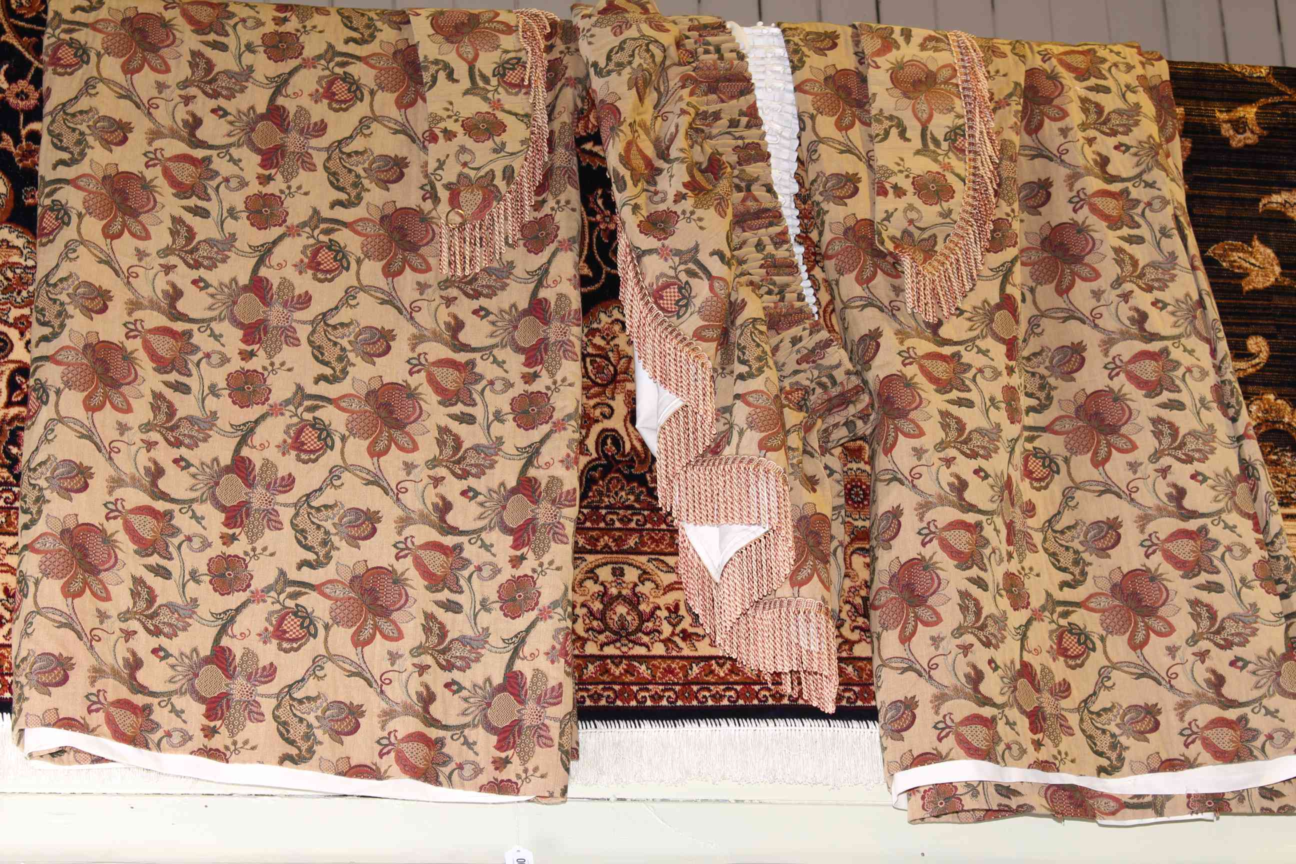 Pair tapestry lined curtains, pelmet and tie backs,