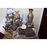 Satsuma and West Germany vases, Ridgway and other jugs, metalware, willow pattern meat plate,