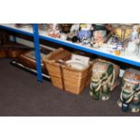 Pair of pottery elephant stools, pottery jardiniere, guitar, wicker log basket,