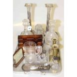 Pair of corinthian column candlesticks, three glass decanters, Edwardian letter rack, desk calendar,