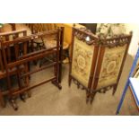 Victorian carved walnut two fold tapestry panel screen and two towel stands (3)