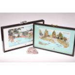 Pair of Oriental relief pictures in glazed frames together with a shell with carved decoration