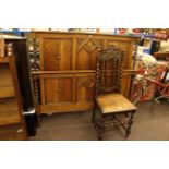 Victorian carved oak hall chair and Jacobean style oak head and footboard