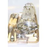 Silver plated six bottle cruet, sugar and cream, oval dish,