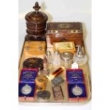 Tray of collectables including silver topped jars, Victorian caddy, turned wood tobacco jar,