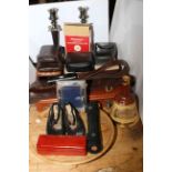 Pair of silver plated candlesticks, briefcase, leather belts, cigar cases, cameras, dominoes,