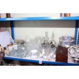 Blue and white dinnerware, glassware, various ornaments,