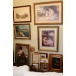 Three maple framed military prints and collection of furnishing prints