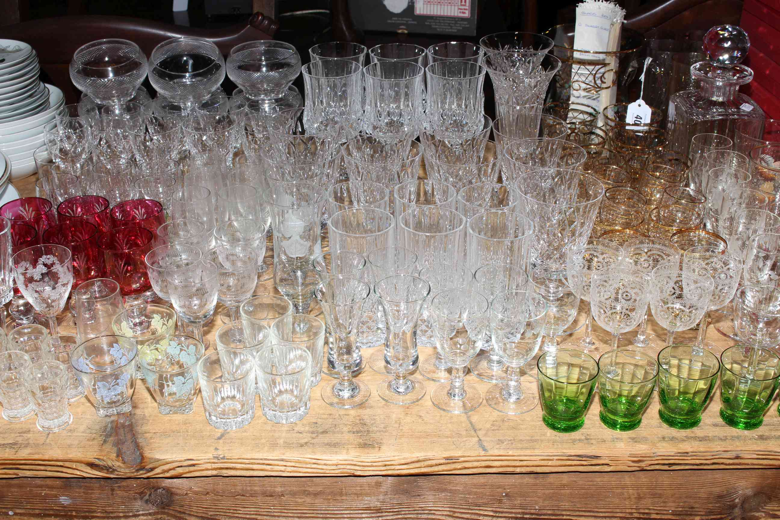 Large collection of coloured and clear glass ware