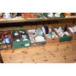 Six boxes of various china, Hornsea dinnerware, storage jars, tins, ornaments,