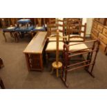 Set of four oak ladder back dining chairs, hardwood shoe rack,