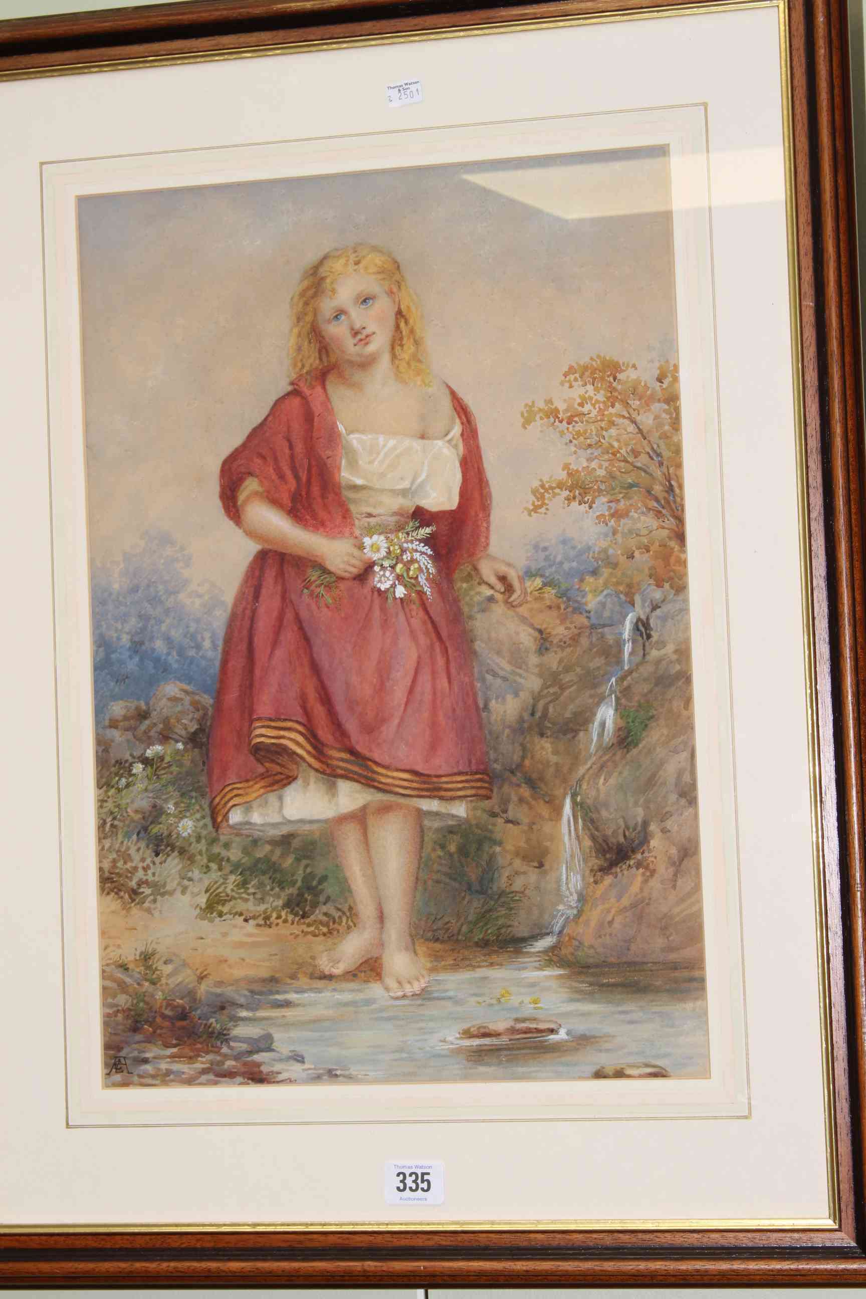 A *** C*** L***, Young Girl picking flowers by a stream, signed with monogram lower left,