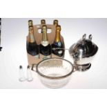 Six bottles of champagne, silver plated tureen and ladle,