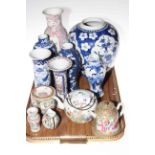 Tray of Chinese vases, teapot, Cantonese teapot, jar and jug,