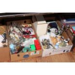 Two boxes of glass and china, costume jewellery, flatware,