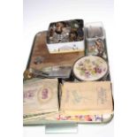 Bread board with silver inlay, assorted jewellery, cutlery, cigarette cards,