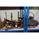 Collection of Victorian and later brass and copper including jam pan, candlesticks,