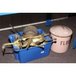 Collection of brassware and enamel flour bin