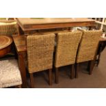 Mahogany finish square legged dining table and six basket work dining chairs