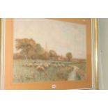 Thomas Ambrose, Sheep and drover in a river pasture with church spire beyond, watercolour, signed.