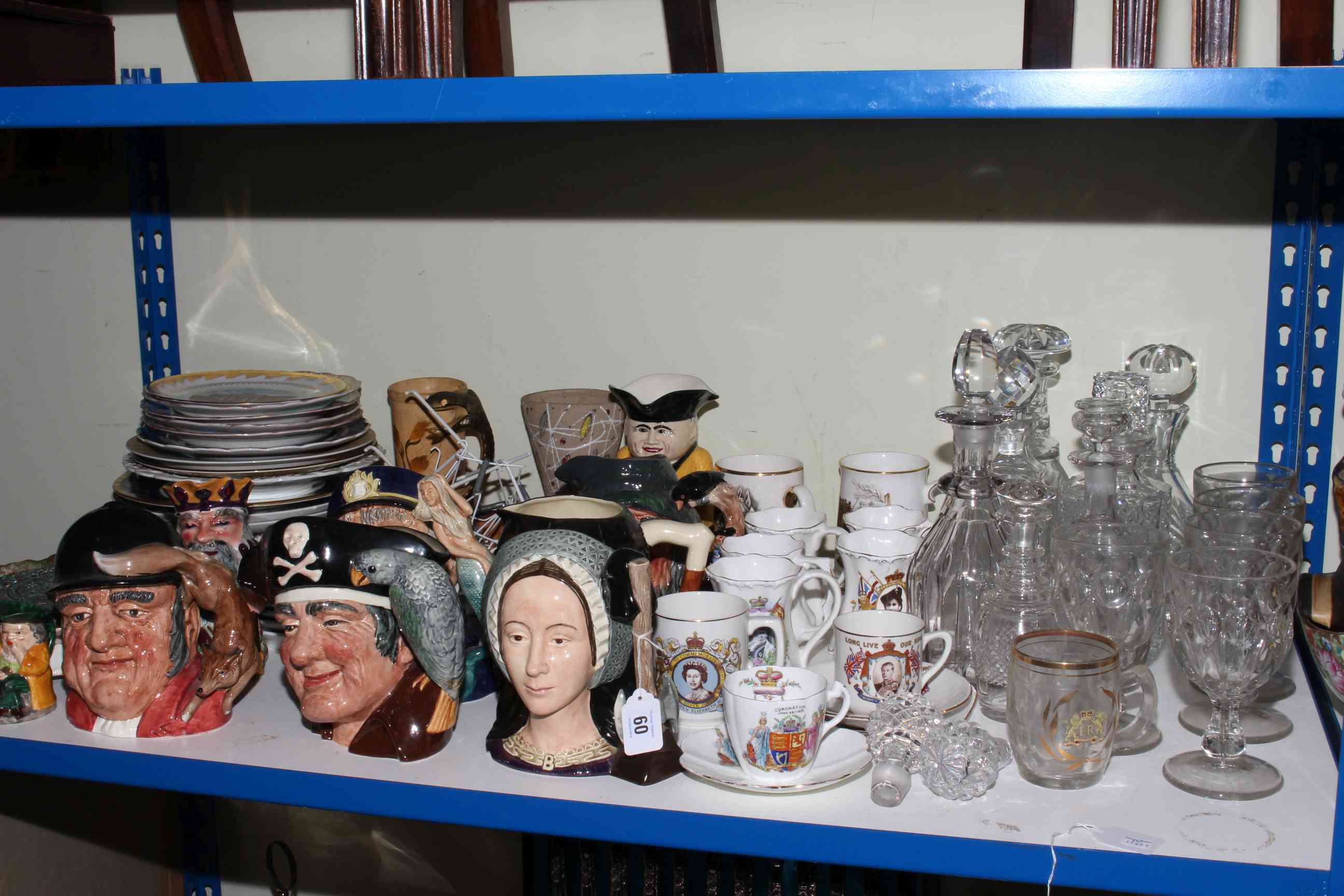 Royal Doulton and other character jugs, glass decanters and glassware,