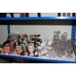 Royal Doulton and other character jugs, glass decanters and glassware,