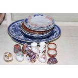 Meat and other decorative plates, two Royal Crown Derby cat paperweights,