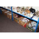 Six boxes of tea and dinnerware, glassware, Staffordshire dogs,