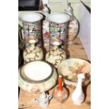 Three pairs of vases, Royal Doulton and Devon Ware bowls,