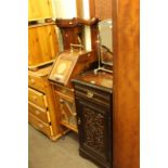 Edwardian carved music cabinet, small mirror panel door cabinet, two headboards, footboard,
