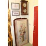 Framed Oriental needlework, rosewood wall clock,