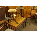 19th Century oak fold top tea table, Victorian revolving piano stool, turned leg stool,