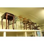 Three balloon back bedroom chairs, folding chair, carboy,