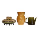 CHRISTOPHER DRESSER FOR LINTHORPE POTTERY A GROUP OF THREE PIECES, comprising a mustard glazed vase,