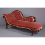 A VICTORIAN WALNUT BUTTON BACK CHAISE LONGUE, with scroll back and serpentine seat rail,