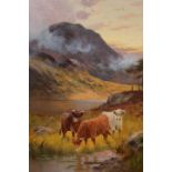 CHARLES W. OSWALD (19TH CENTURY), HIGHLAND CATTLE, signed lower right, oil on canvas board, framed.