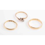 TWO 18 CARAT GOLD WEDDING BANDS, 4 grams; together with AN 18 CARAT GOLD AND DIAMOND RING,