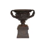 A MID 19TH CENTURY BRONZED CAST IRON MODEL OF THE WARWICK OR ALBANI VASE, raised on a square base.