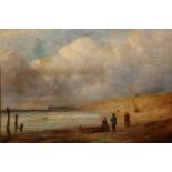 MANNER OF WILLIAM THORNLEY, FISHERFOLK, indistinctly signed, oil on canvas, framed. 23.5cm by 33.