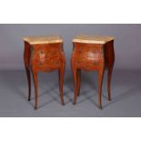 A PAIR OF FRENCH FLORAL MARQUETRY AND MARBLE TOPPED OCCASIONAL TABLES,