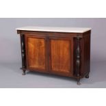 A WILLIAM IV MARBLE TOPPED ROSEWOOD SIDE CABINET, the top with rounded corners and reeded edge,