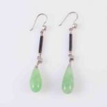 A PAIR OF JADEITE, BLACK ONYX AND DIAMOND EARRINGS,