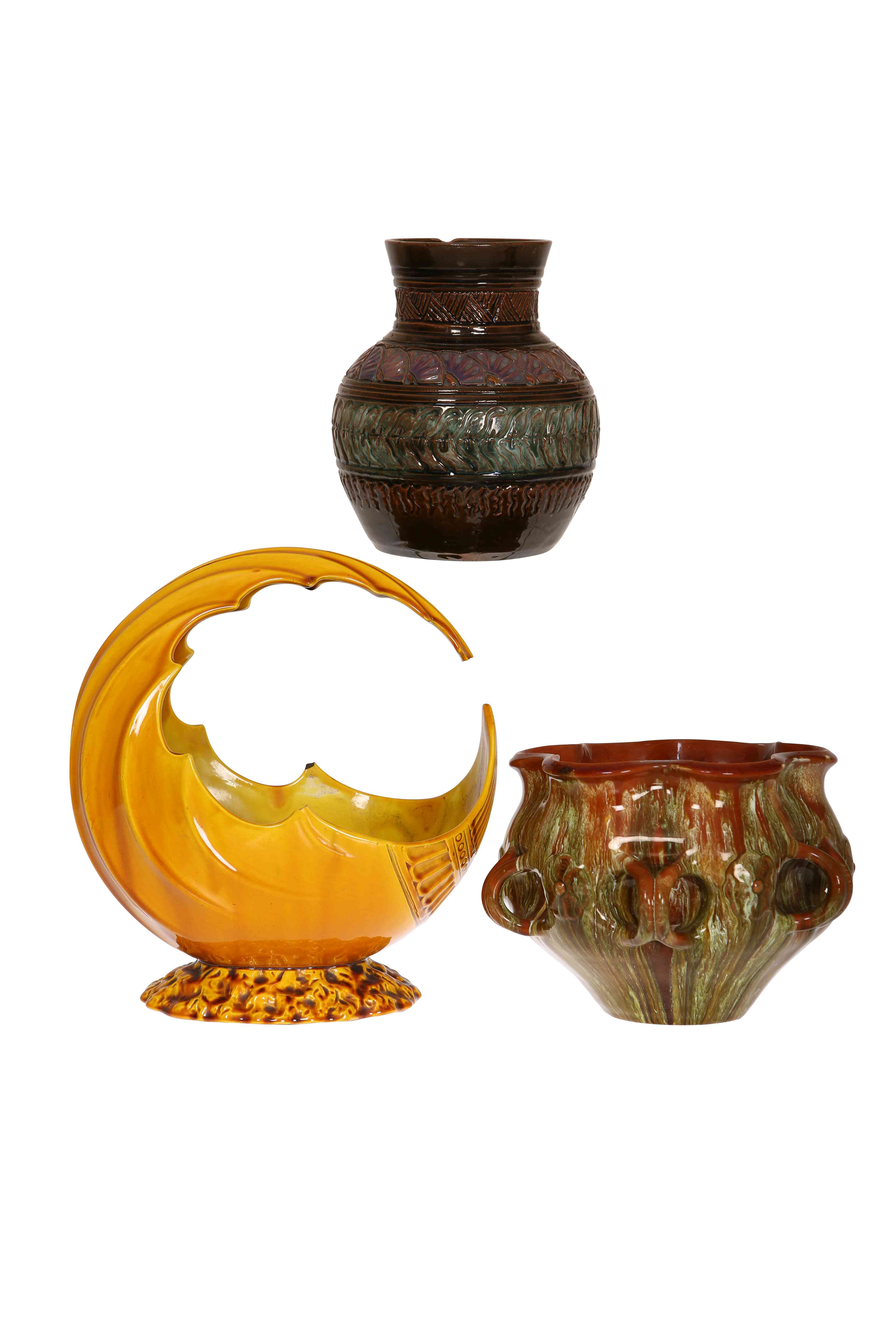 LINTHORPE POTTERY A GROUP OF THREE ITEMS, comprising a vase designed by Christopher Dresser,