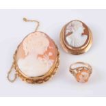 TWO VICTORIAN CAMEO BROOCHES AND A CAMEO RING,