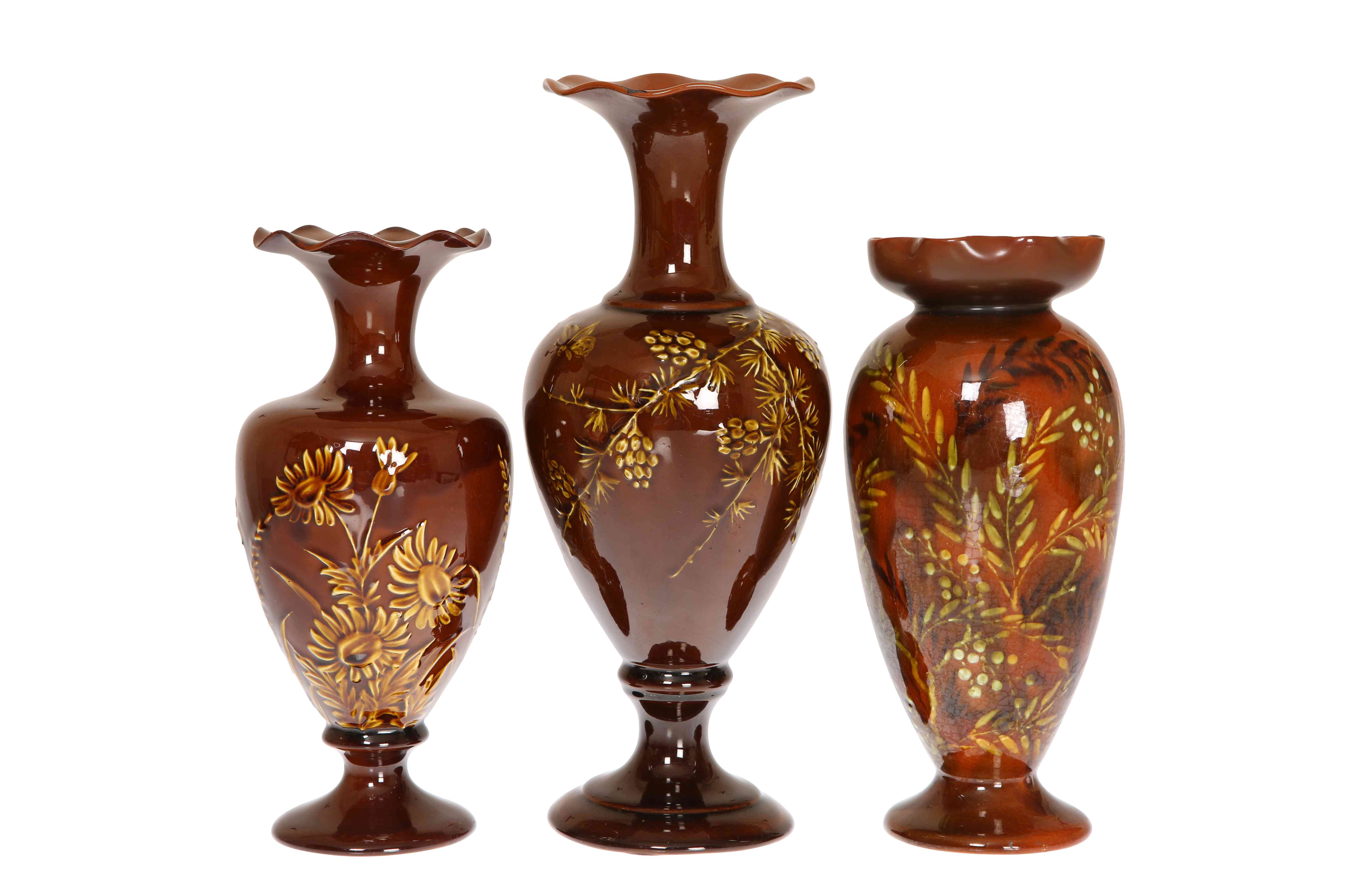 LINTHORPE POTTERY THREE VASES DECORATED WITH FOLIAGE, NOS.