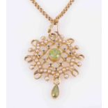 A PERIDOT, SEED PEARL AND SAPPHIRE PENDANT, circa 1900,